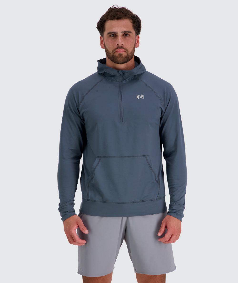Men's light and sporty hoodie, Model 179 cm / size M#color_dusty-navy
